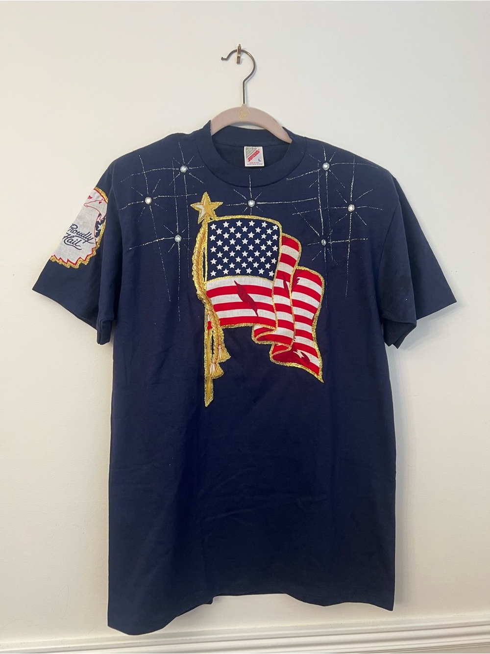 Handmade American Flag Embroidered Tee w shoulder pads!
